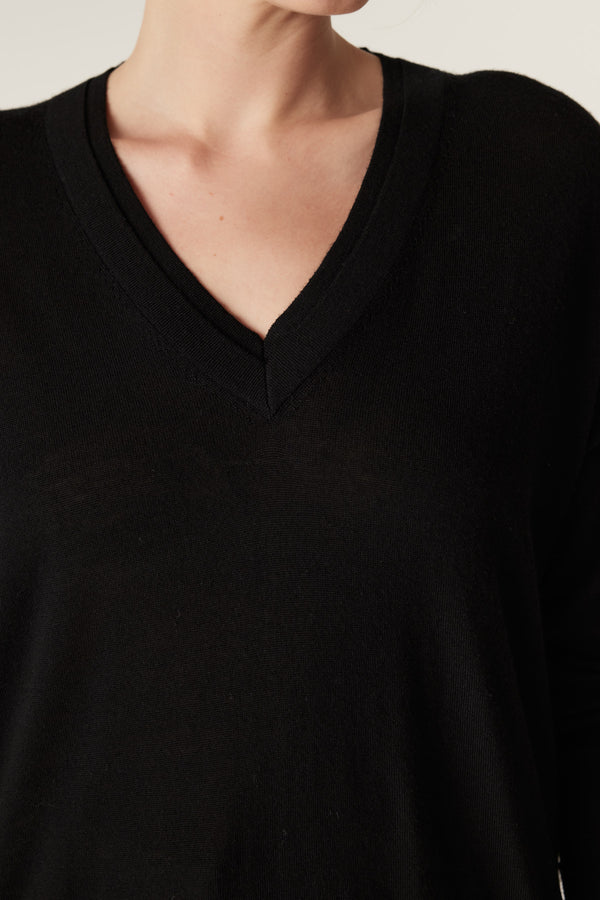 Black Saxon Fine Merino Jumper with V-neckline and double collar trim.