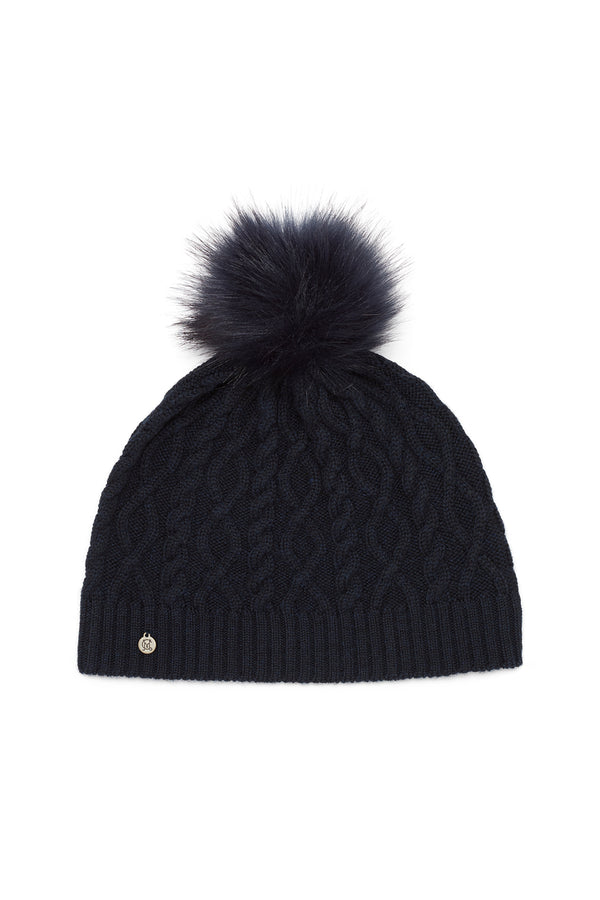 Midnight Navy Merino wool beanie with diamond cable knit, ribbed hem, and detachable faux fur pom pom.