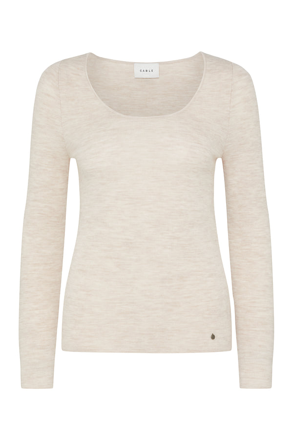 Oatmeal superfine merino wool scoop neck top with a slim fit and small branded plate.