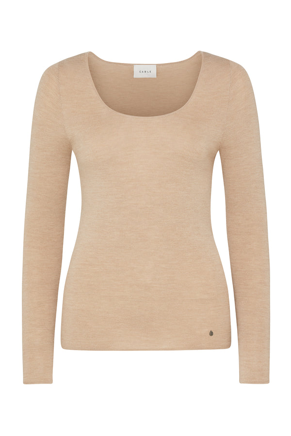 Latte superfine merino wool scoop neck top with slim fit and subtle branded plate.