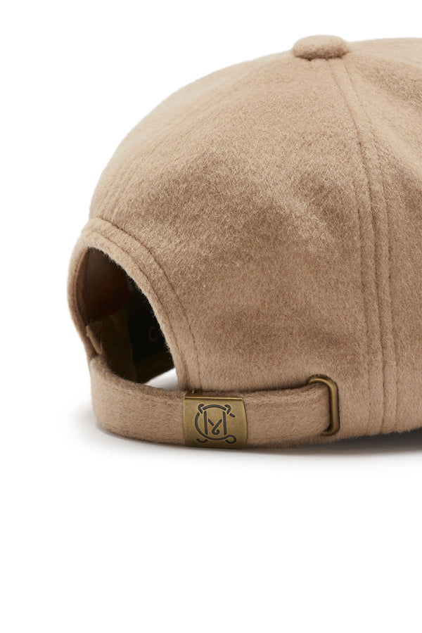 Camel wool cashmere 6-panel cap with adjustable back strap and bronze slider hardware.