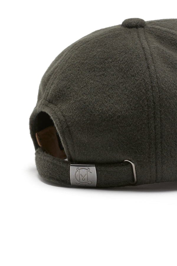Moss green wool cashmere 6-panel cap with adjustable back strap and slider hardware.