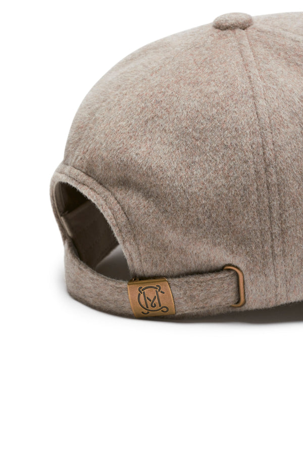 Pebble wool cashmere 6-panel cap with adjustable back strap and bronze slider hardware.