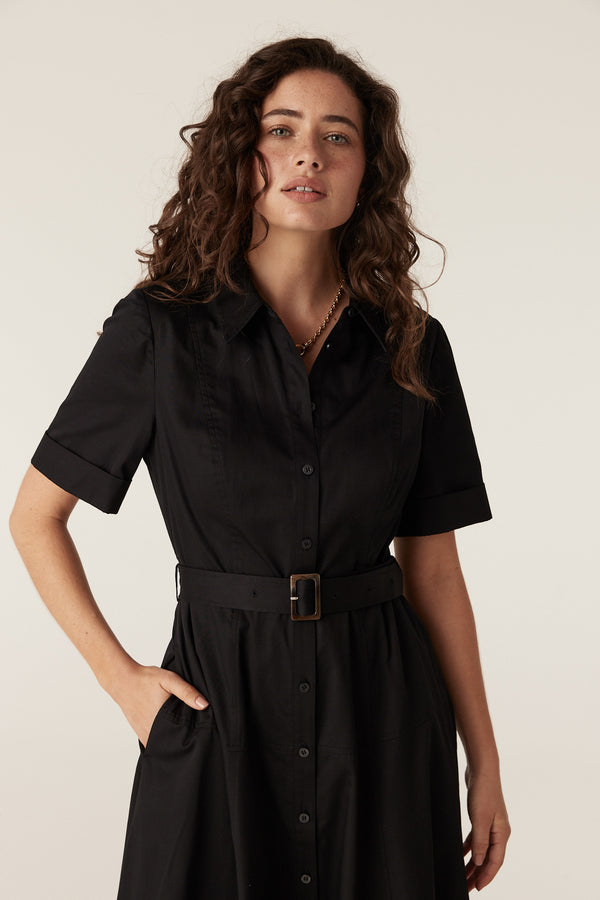 Pima Cotton Shirt Dress - Black