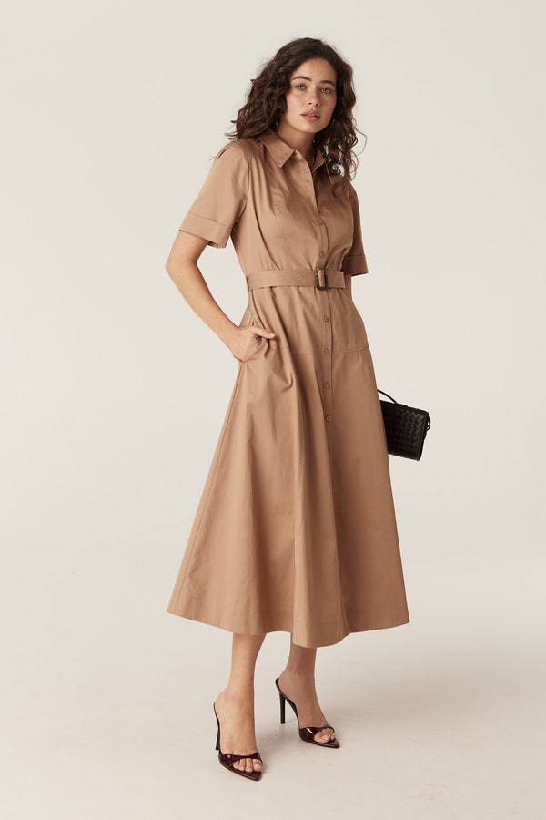 Pima Cotton Shirt Dress - Camel