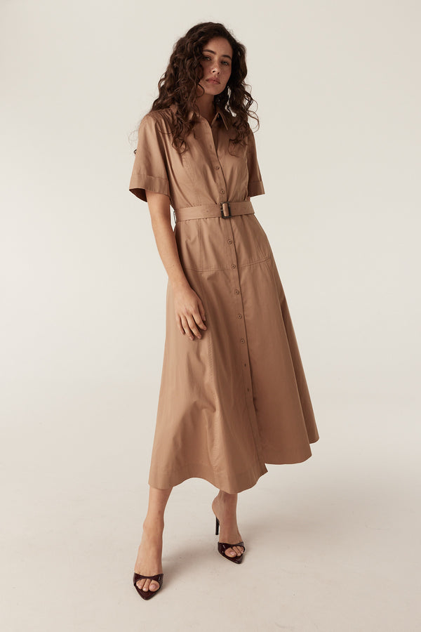 Pima Cotton Shirt Dress - Camel