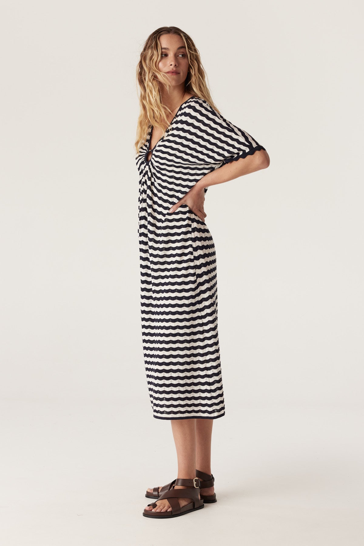 fitted lace wedding dress East Bay Bow Shoulder Stripe Sweater Maxi Dress