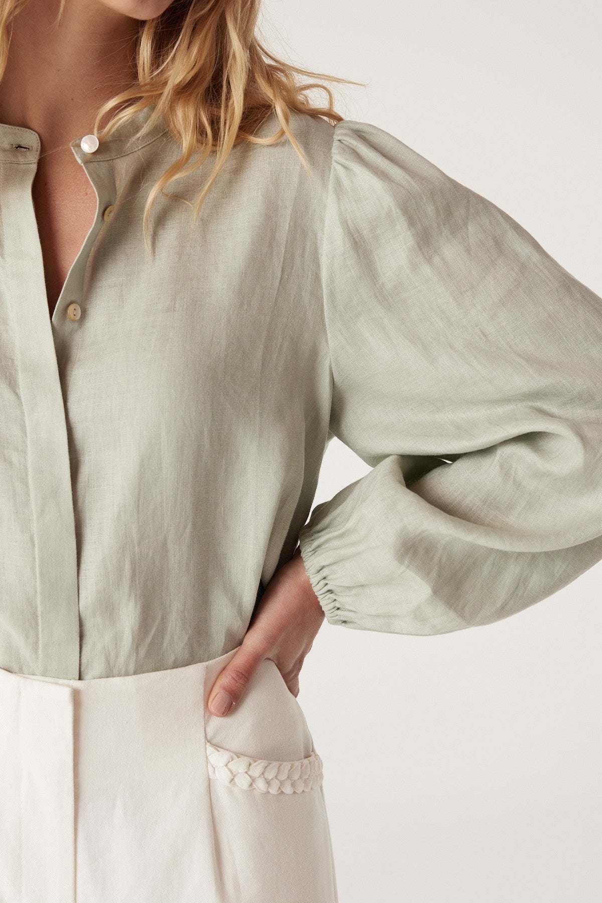 Puff Sleeve Linen Blouse with Square Neckline and Adjustable Waist Tie Detail main image 1