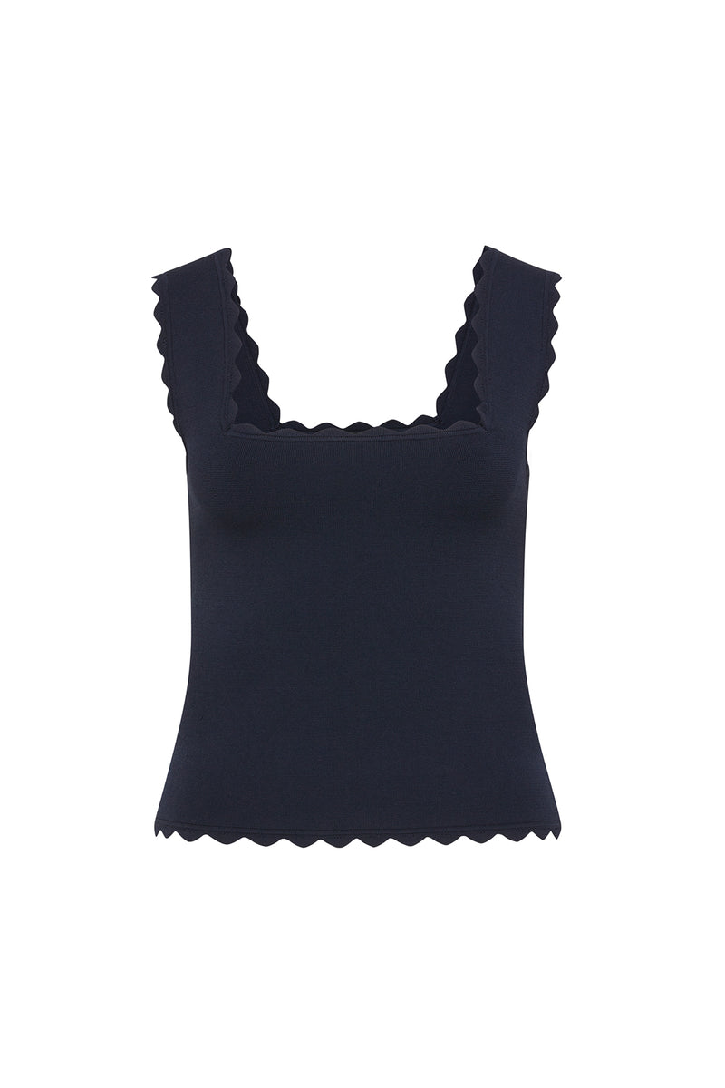 Villa Crepe Knit Scallop Tank - Navy-Tops-Cable Melbourne