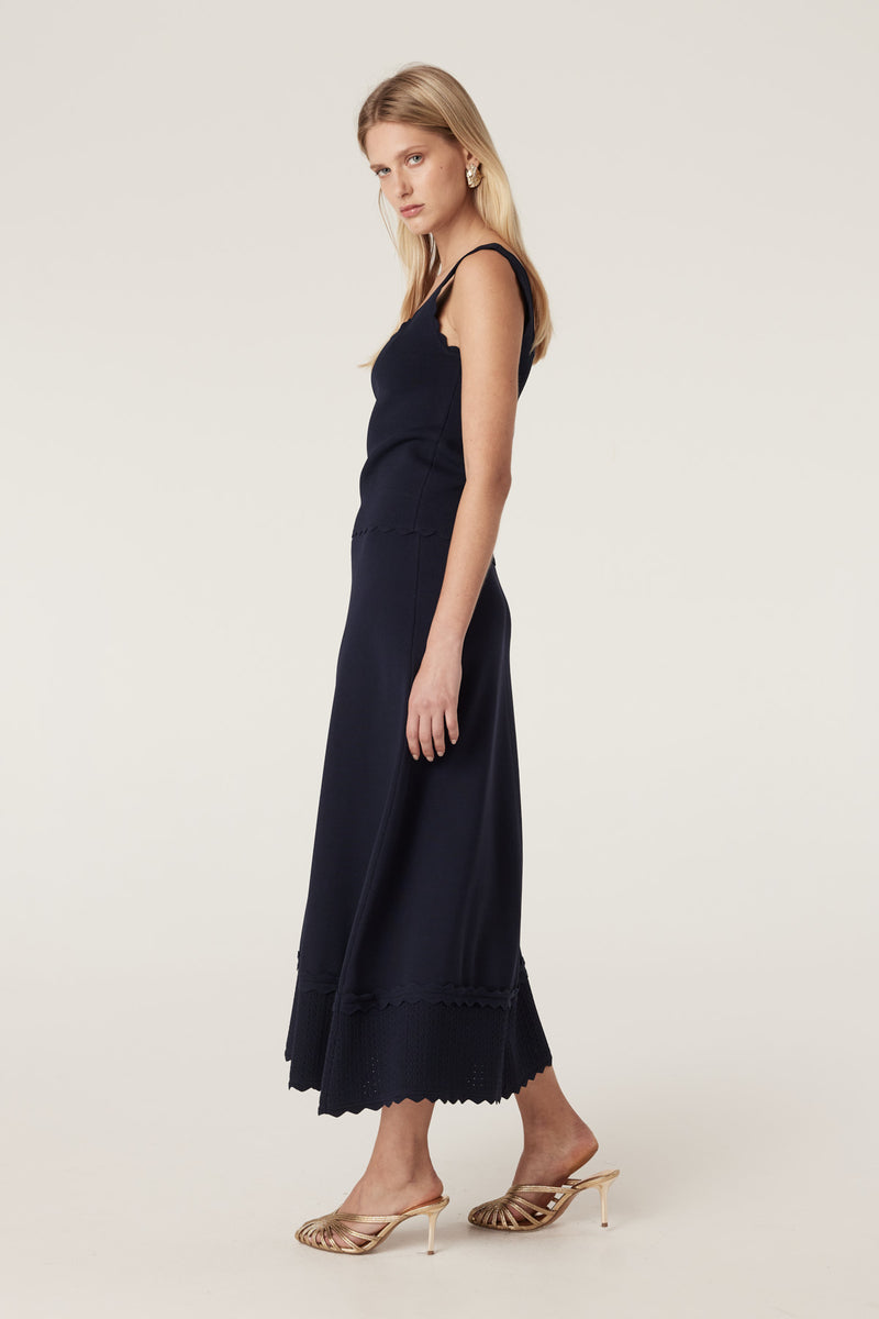 Villa Crepe Knit Scallop Tank - Navy-Tops-Cable Melbourne