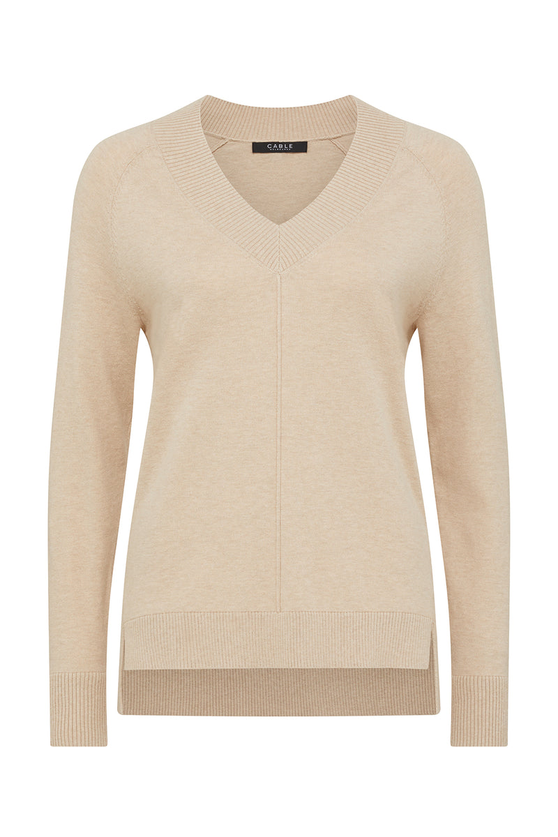 Cotton Cashmere V Neck Jumper - Sand-Jumpers-Cable Melbourne