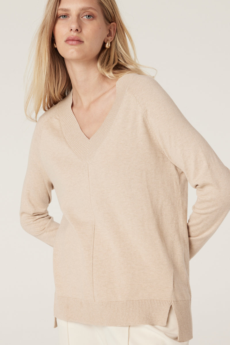 Cotton Cashmere V Neck Jumper - Sand-Jumpers-Cable Melbourne