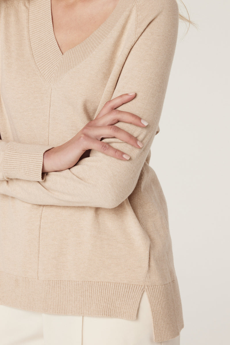 Cotton Cashmere V Neck Jumper - Sand-Jumpers-Cable Melbourne