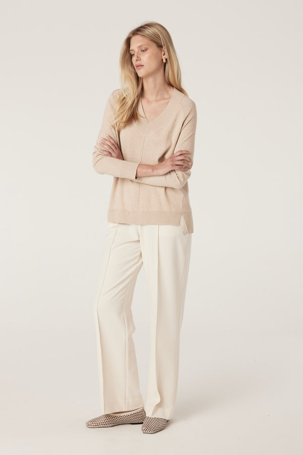 Cotton Cashmere V Neck Jumper - Sand-Jumpers-Cable Melbourne