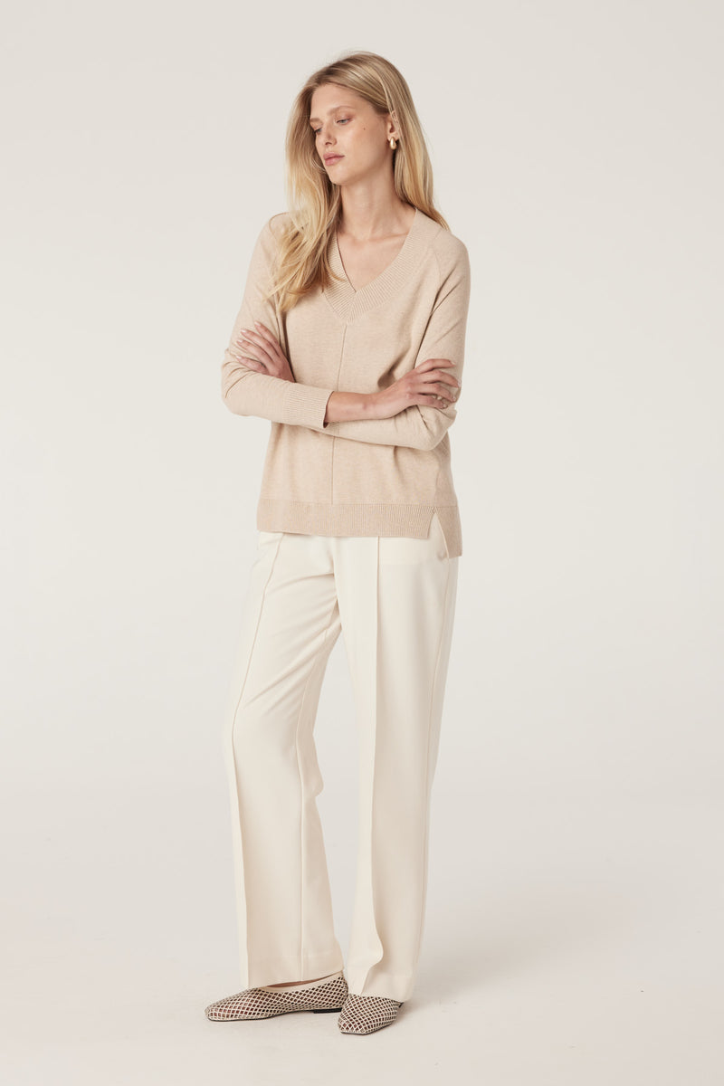 Cotton Cashmere V Neck Jumper - Sand-Jumpers-Cable Melbourne