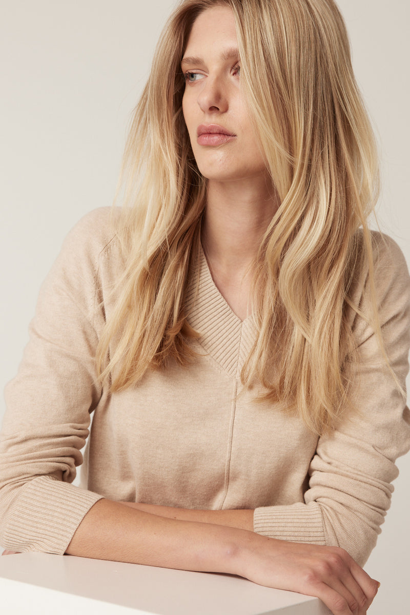 Cotton Cashmere V Neck Jumper - Sand-Jumpers-Cable Melbourne