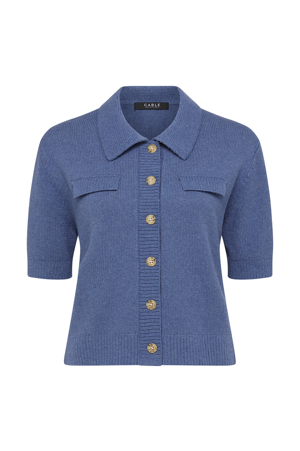 Flax Polo Cardigan - Denim-Cardigans-Cable Melbourne