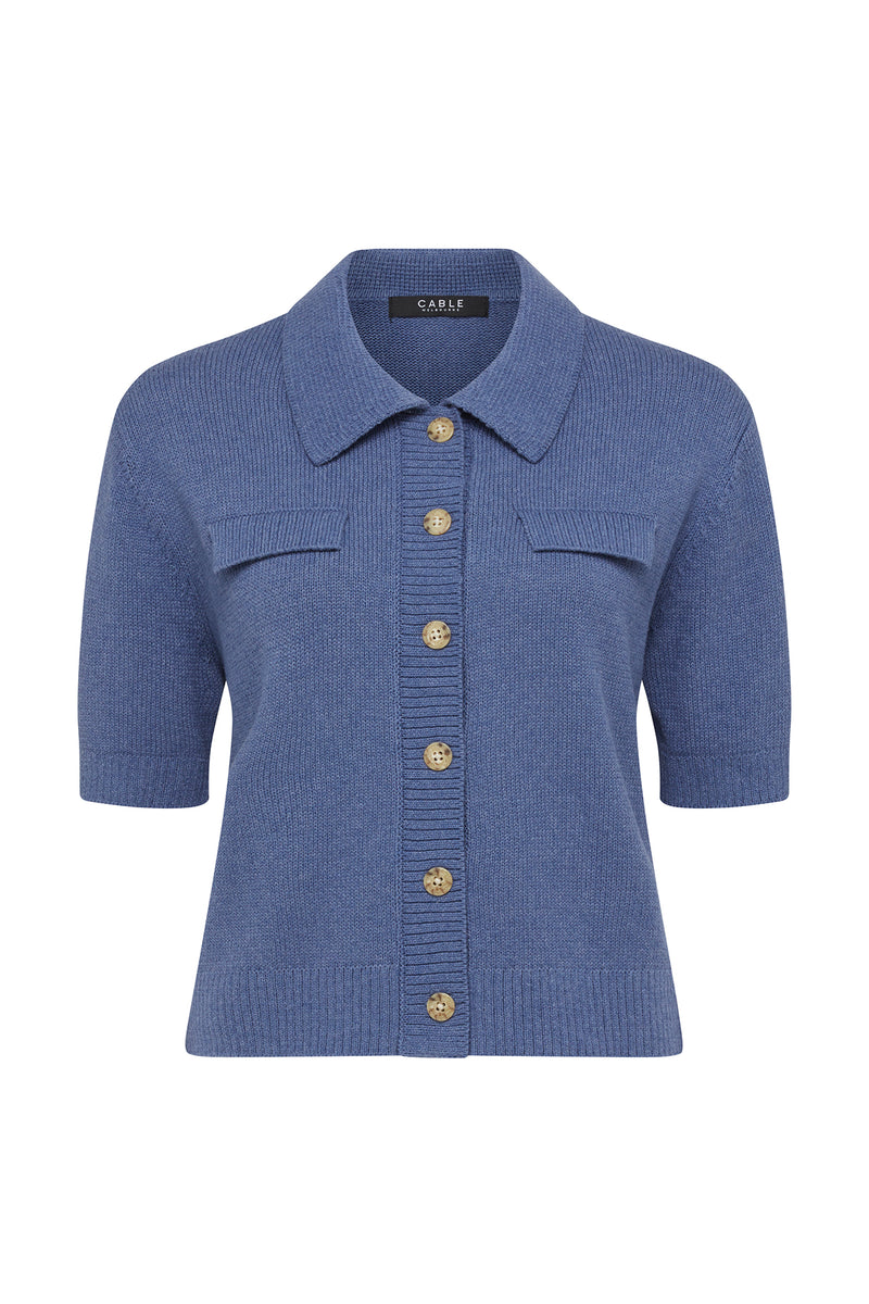 Flax Polo Cardigan - Denim-Cardigans-Cable Melbourne