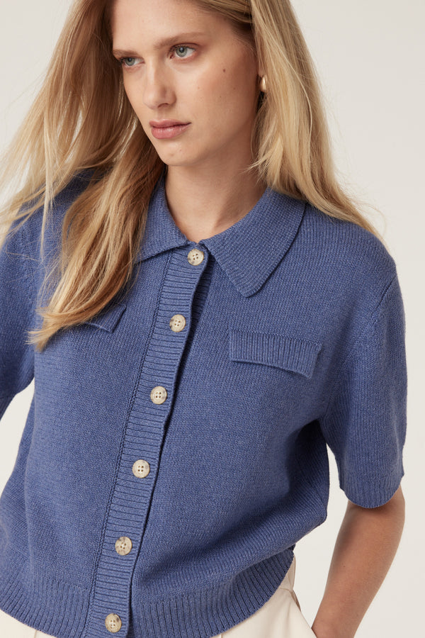 Flax Polo Cardigan - Denim-Cardigans-Cable Melbourne