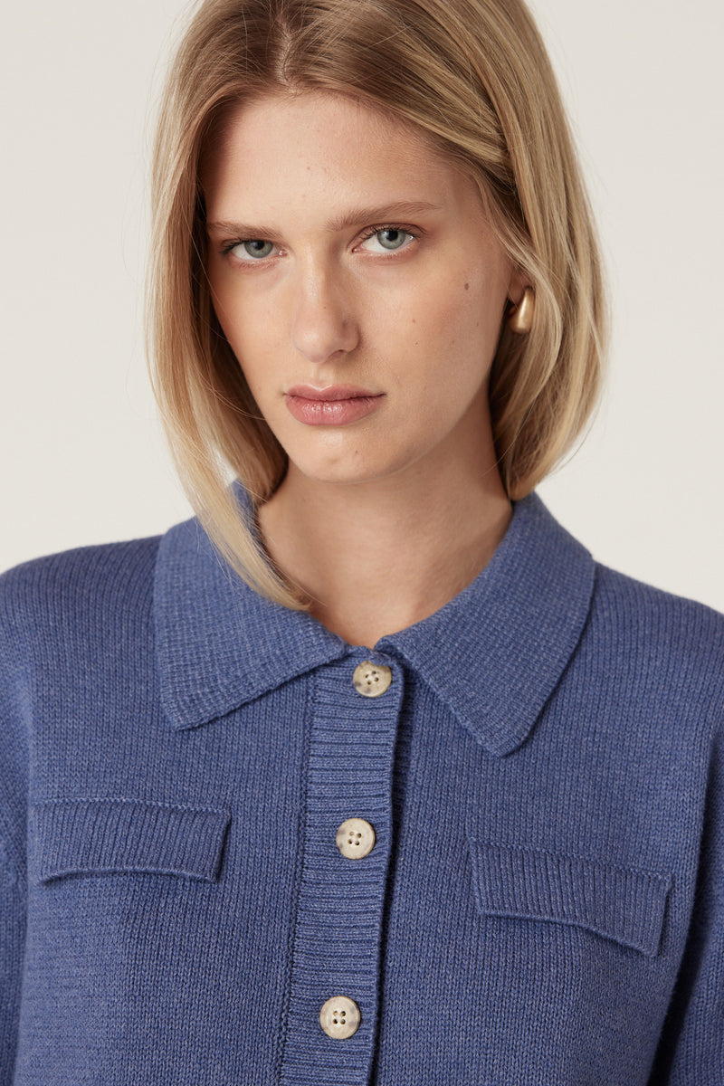 Flax Polo Cardigan - Denim-Cardigans-Cable Melbourne