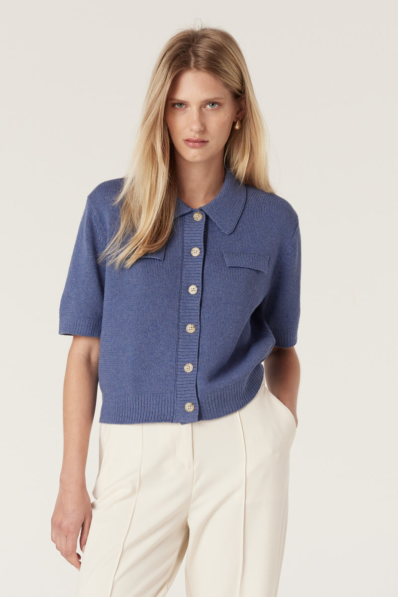 Flax Polo Cardigan - Denim-Cardigans-Cable Melbourne