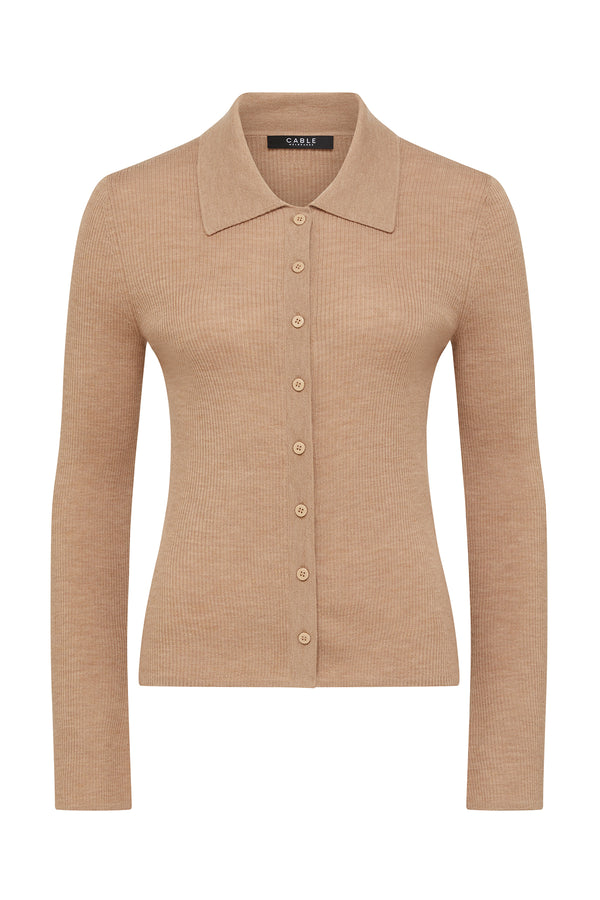 Superfine Rib Polo Cardigan - Camel-Cardigans-Cable Melbourne