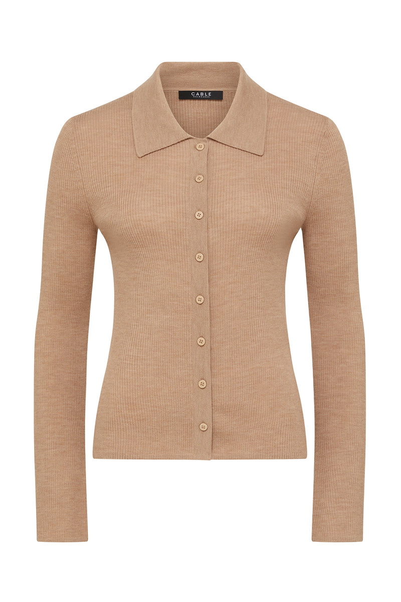 Superfine Rib Polo Cardigan - Camel-Cardigans-Cable Melbourne
