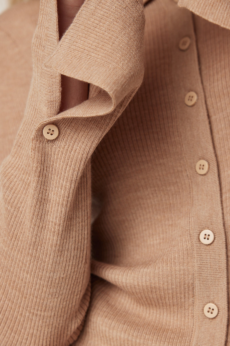 Superfine Rib Polo Cardigan - Camel-Cardigans-Cable Melbourne