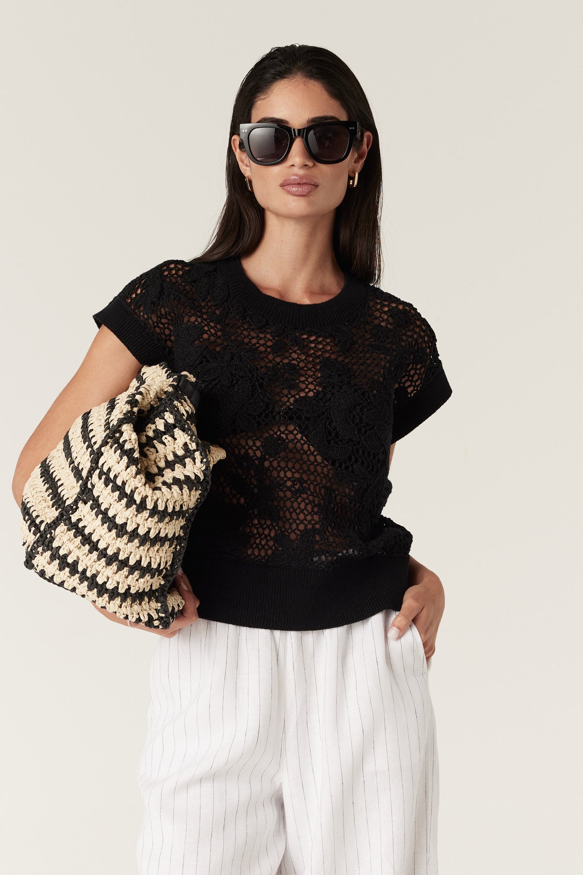 トップス BLACK ANDMARY LIL LACE KNIT TOPS ANDMARY】Lil lace knit tops
