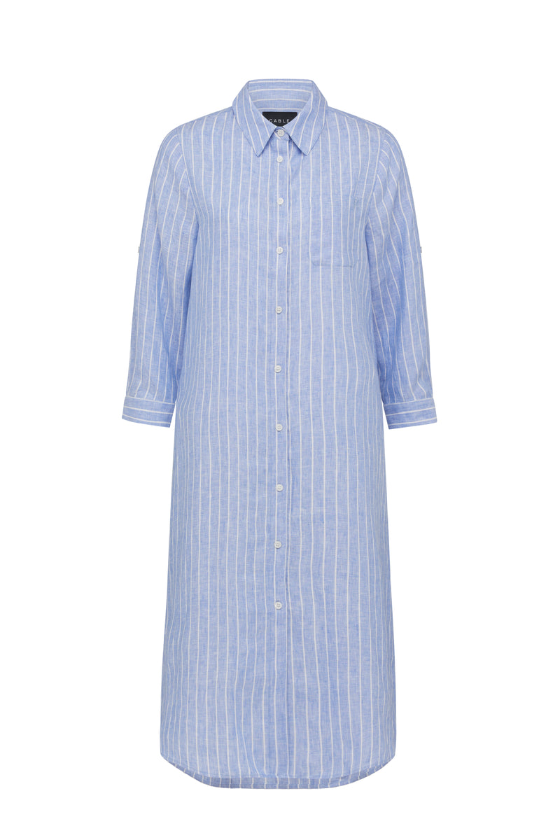 Pure Linen Shirt Dress - Blue Pinstripe  Cable Melbourne