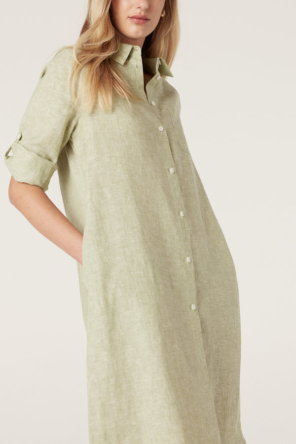 Pure Linen Shirt Dress - Pistachio-Dresses-Cable Melbourne