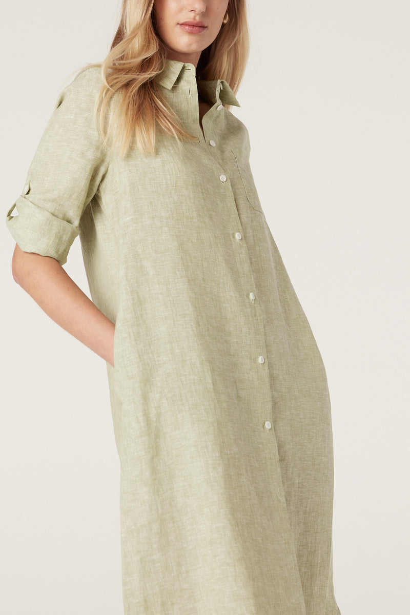 Pure Linen Shirt Dress - Pistachio-Dresses-Cable Melbourne