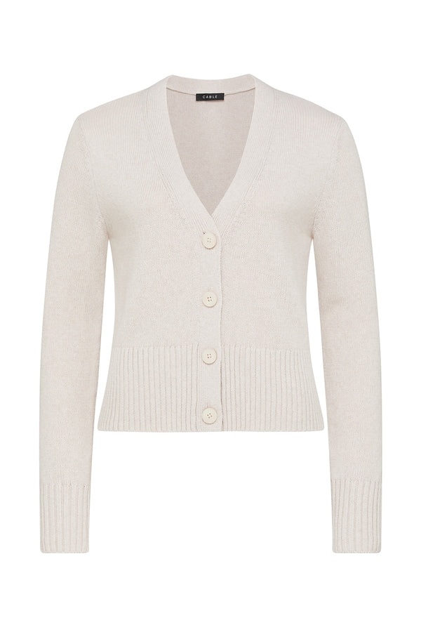 Calico cotton linen V-neck cardigan with a button-front closure and deep ribbed hem and cuffs.