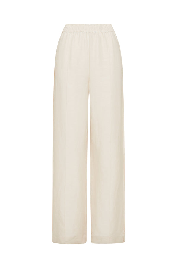 Ecru wide-leg pants with a comfortable elasticated waistband and clean, fluid silhouette in a medium-weight fabric.