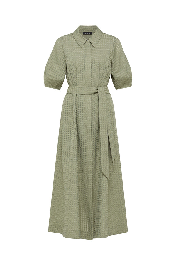 Olive midi dress in burnout textured fabric with a button-through front, collar, and matching tie belt.