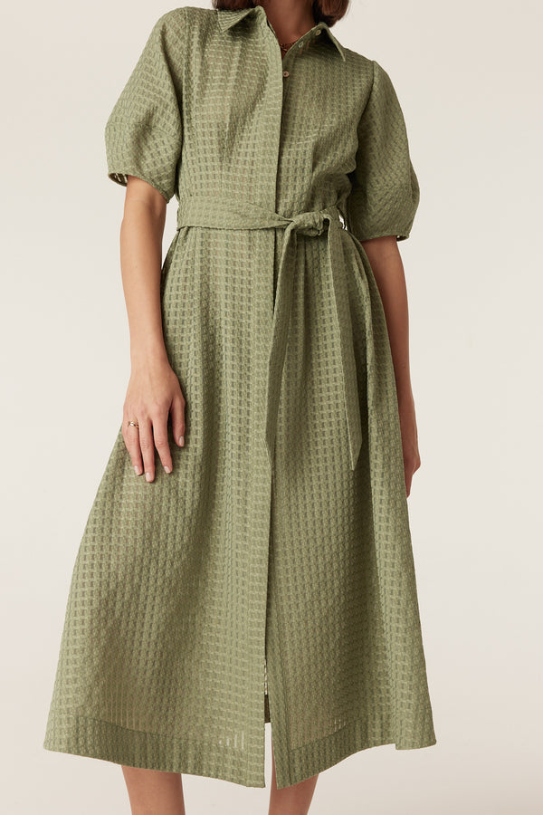 Olive midi dress in burnout textured fabric with a button-front, collar, and matching tie-waist belt.