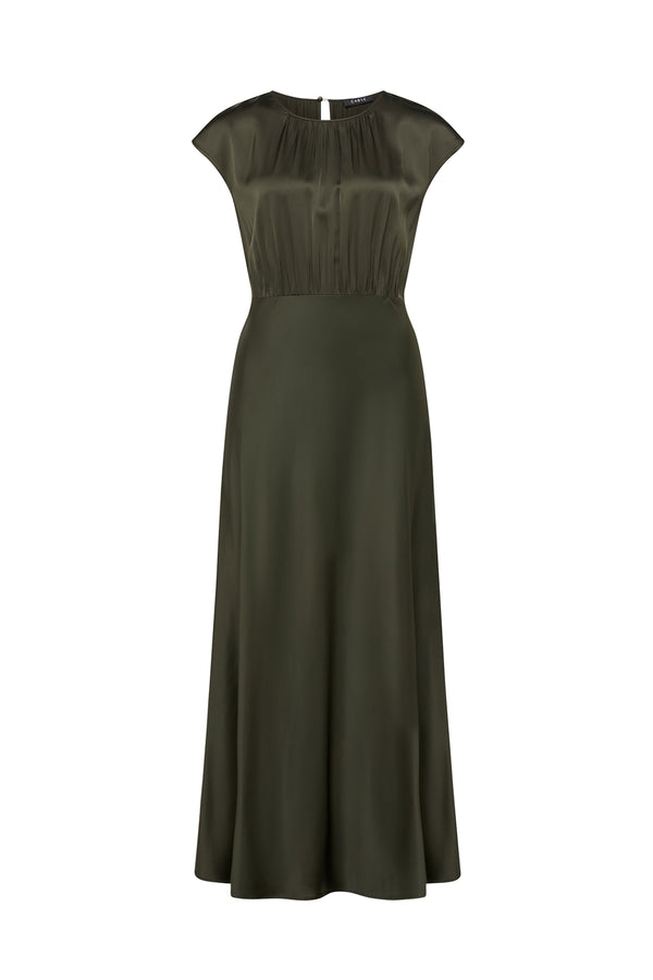 Dark green Muse dress with cap sleeves, gathered bodice, and a fluid bias-cut skirt in a subtle sheen fabric.