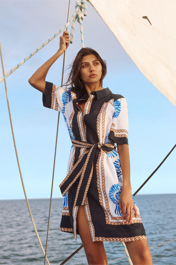 Caletta Linen Dress - Blue Shell Print
