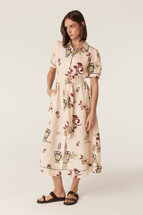 Avondale midi dress in beige linen with rustic garden print, button-through front, and matching tie belt.