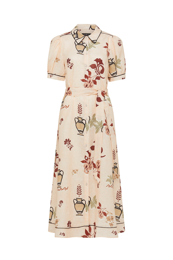 Avondale midi dress in rustic garden print French linen with button-front, short sleeves, and contrast piping.