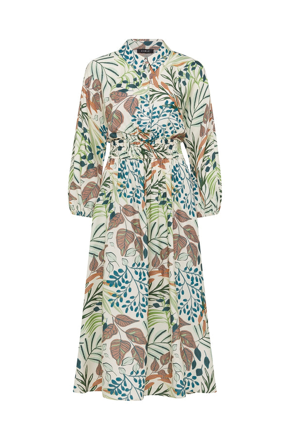Olivia midi dress in a cream silk blend with a green and brown garden leaf print, collared neck, and elasticated waist.