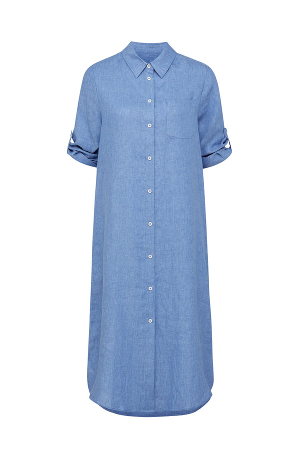 Pure Linen Shirt Dress - Blue