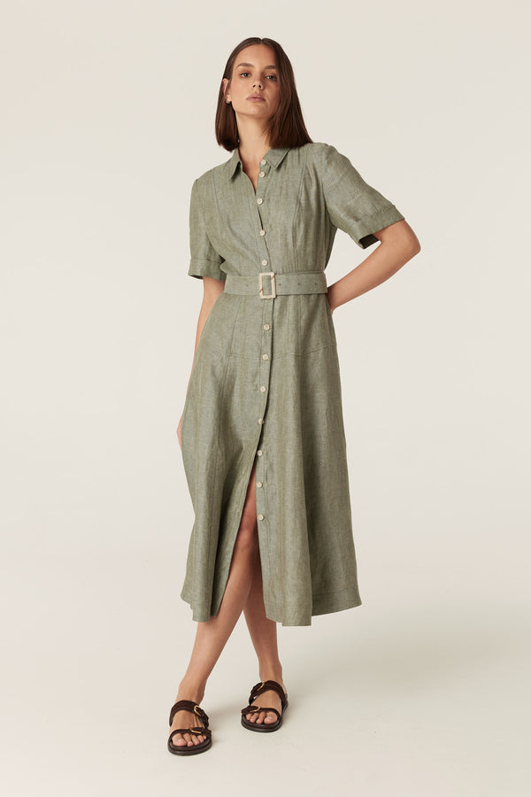Green French linen midi dress with a collared button-through front, short sleeves, and a matching buckle waist belt.