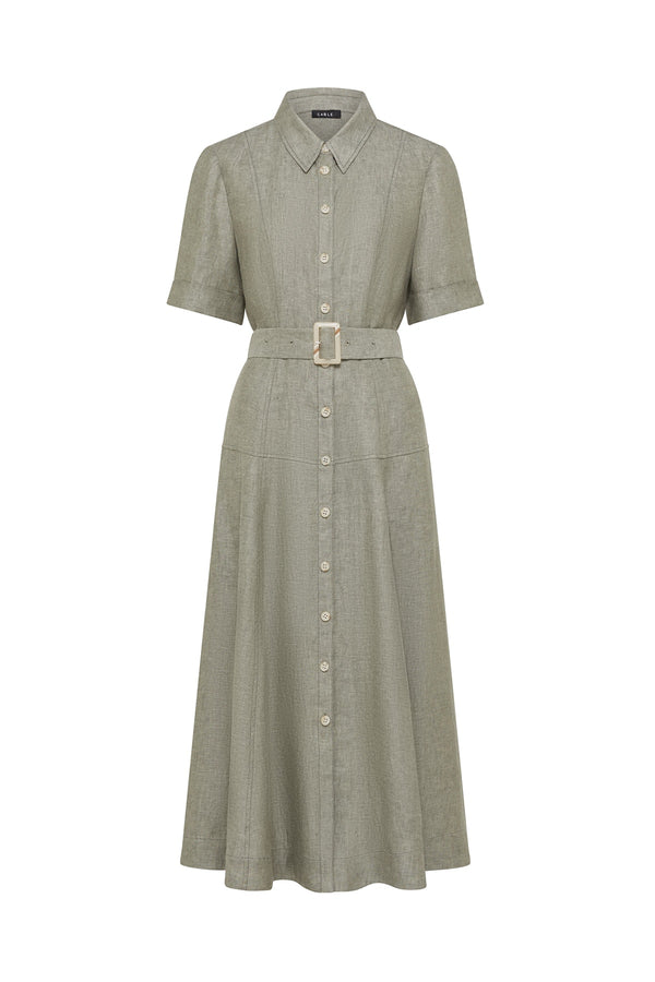 Green linen midi dress with a collared button-through front, short sleeves, and a matching buckled waist belt.