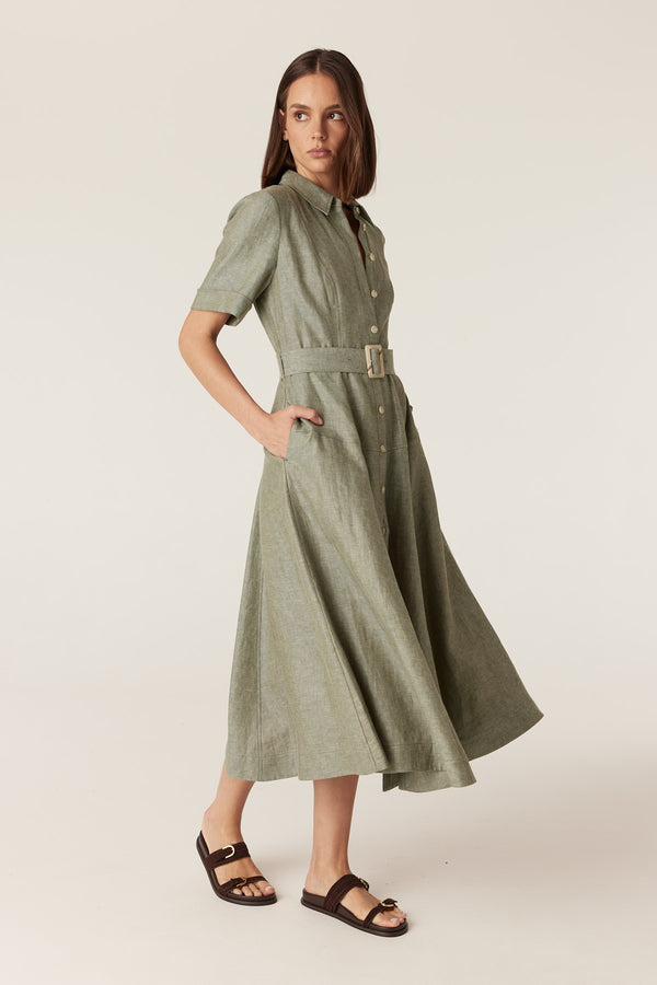 Green French linen midi dress with a collared button-front, short sleeves, and a matching buckle belt.