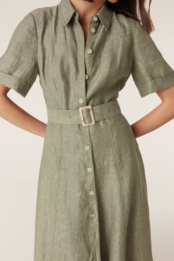 Green French linen midi dress with a collared button-front, short sleeves, and a matching buckled waist belt.