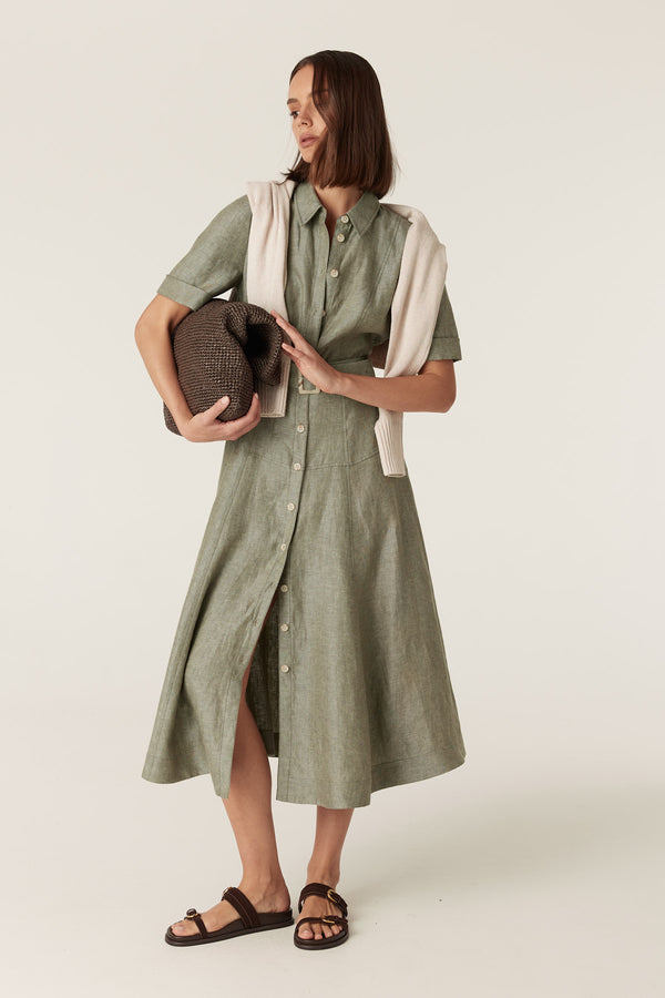 Green French linen midi dress with a collared, button-through front, A-line gored skirt, and matching buckle belt.