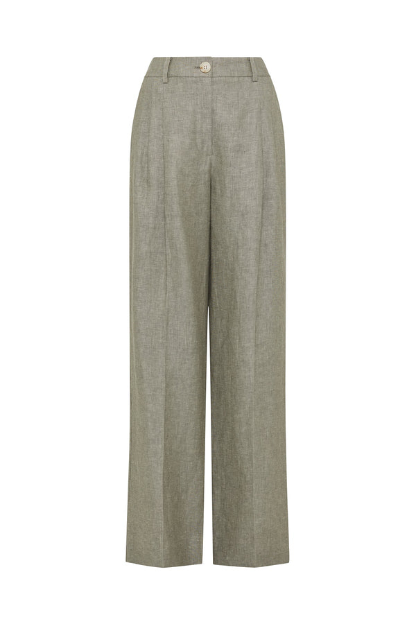 Green wide-leg pants in pure French linen featuring front pleats, belt loops, and a tailored button-fly closure.