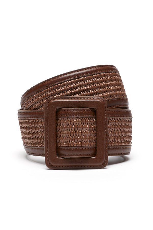 Chocolate brown genuine leather waist belt featuring a woven insert and a matching square buckle.