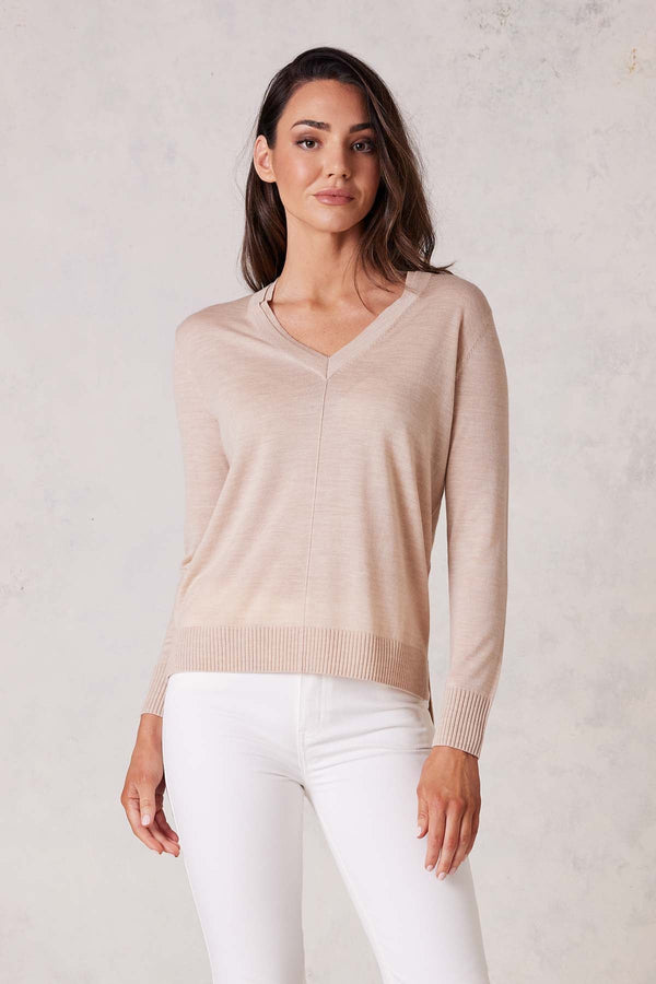 Extrafine Merino V Jumper - Nude-Cable Melbourne-1